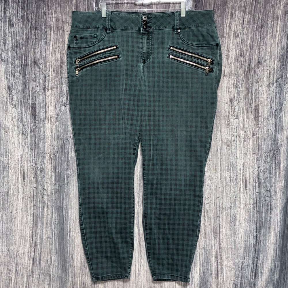 Torrid Denim Jegging Green Plaid Zipper Pockets Stretch High Rise Women Size 24R